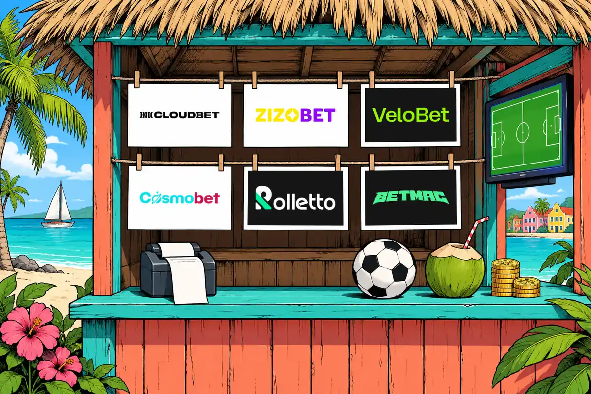 A beach bar in comic ink: six betting slips pegged on two lines, each carrying the logo of a bookmaker we review