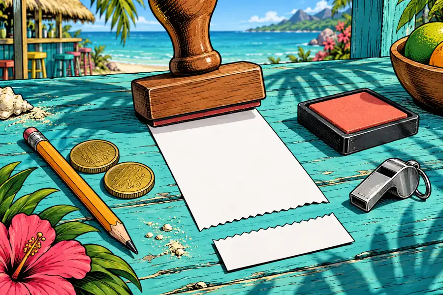 A rubber stamp settling a blank slip on a turquoise beach bar counter, its torn foot beside it